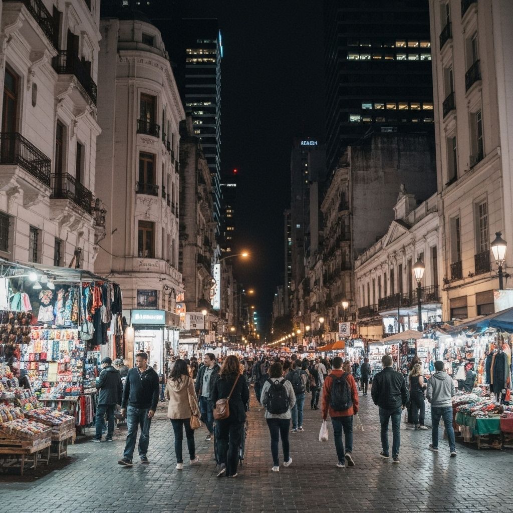 Nighttime shopping street in Buenos Aires, Argentina